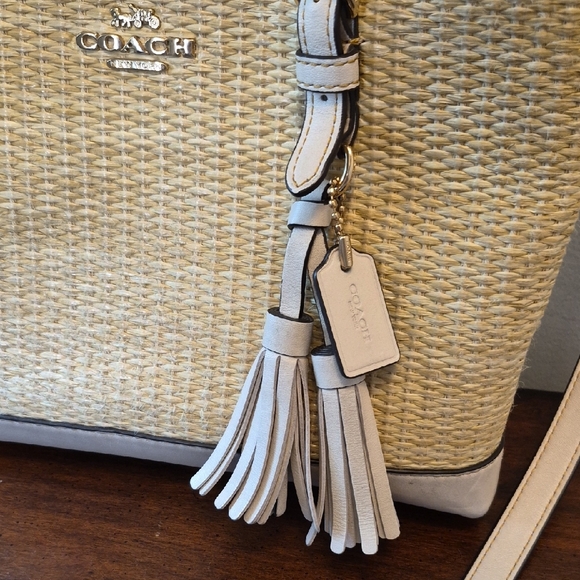 Coach Mollie Tote Straw with Beige Leather Trim and Tassel Crossbody - Picture 3 of 16